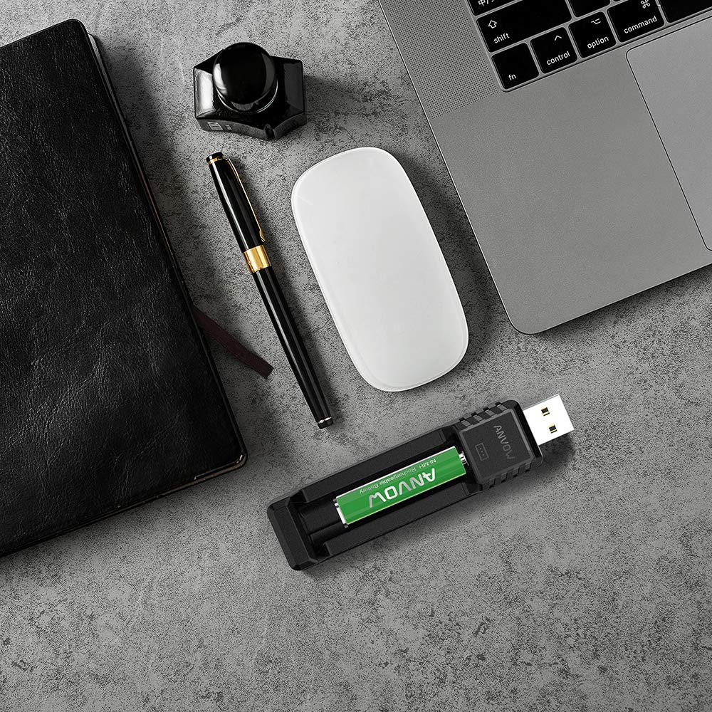 ANVOW Smart AAAA Battery Charger with 2 Counts Rechargeable AAAA Batteries - Ni-MH 1.2V 400mAh 1200 Cycles Surface Pen Active Stylus Rechargables Battery