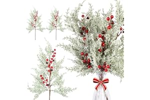 TIANMU 6Pcs Christmas Red Berries Stems Pine Branches with Snow 16.5Inch Frosted Faux Cedar Sprays Artificial Christmas Pine Tree Picks Snowy Greenery Pine Picks Stems for DIY Christmas Decoration