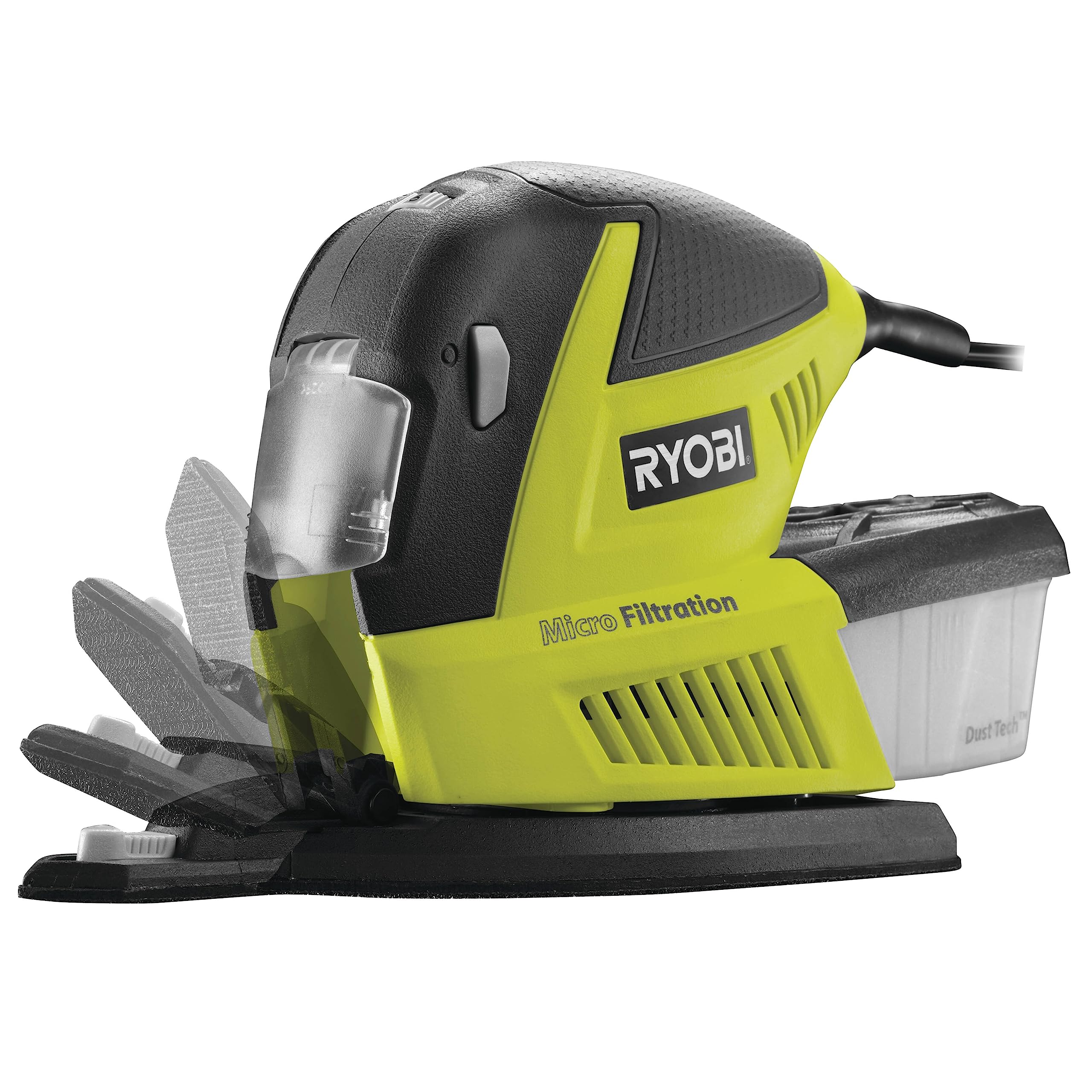 Ryobi - Ponceuse Multifonction 180 W - 3 Modes : Triangulaire, 1/3 De Feuille, Finition - Variateur De Vitesse - Livrée En Sac De Transport avec 30 Abrasifs (10X1/3 Feuille, 10 Triangles, 10 Doigts)