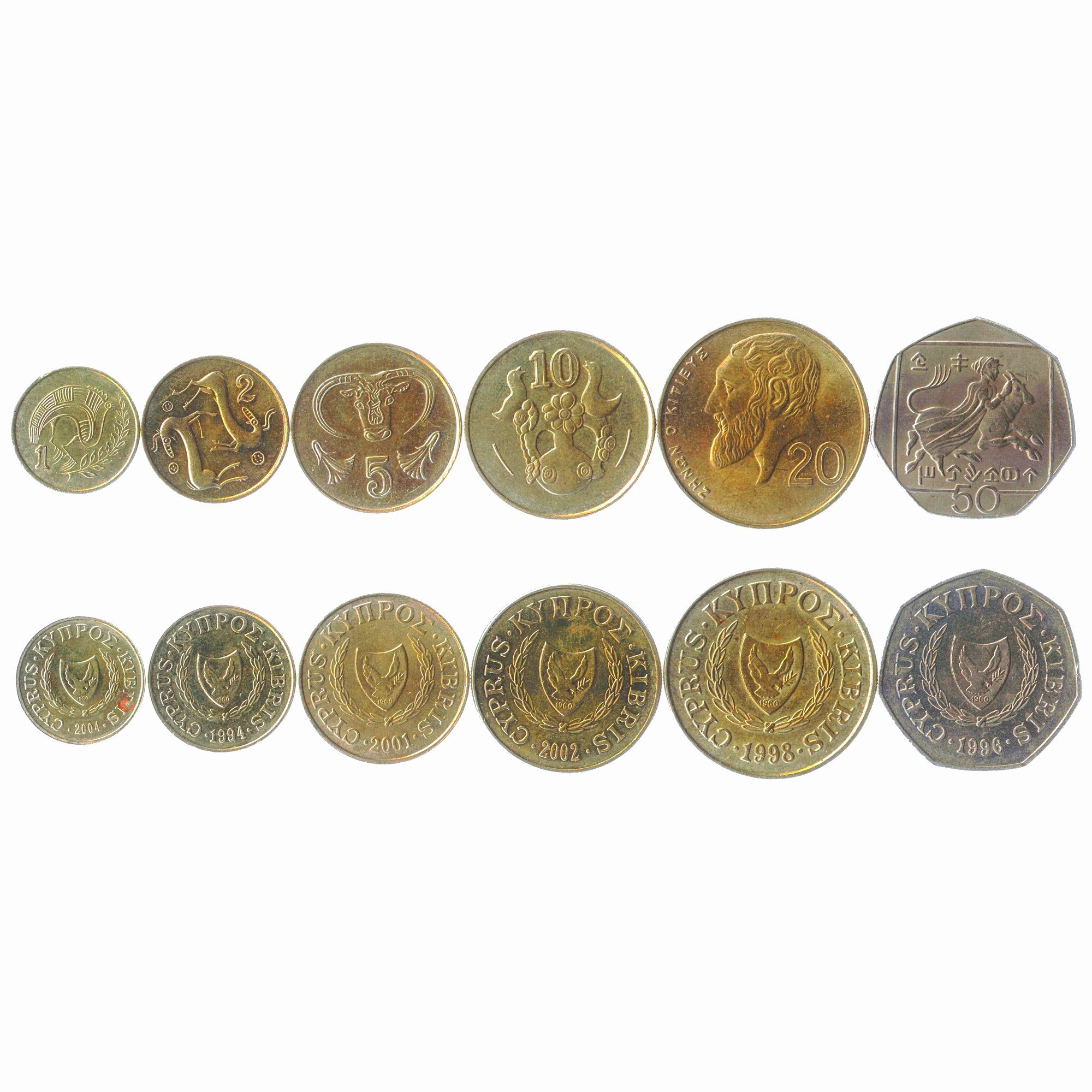 SET OF 6 COINS FROM CYPRUS, 1, 2, 5, 10, 20, 50 CENTS, 1983-2004