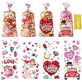 Valentines Treat Bags, 150PCS Valentine Candy Bags, Plastic Clear Cello Heart Pattern Valentines Gift Goodie Cookie Snack Bag with Twist Ties for Valentine's Day Birthday Wedding Party Supplies Decorations
