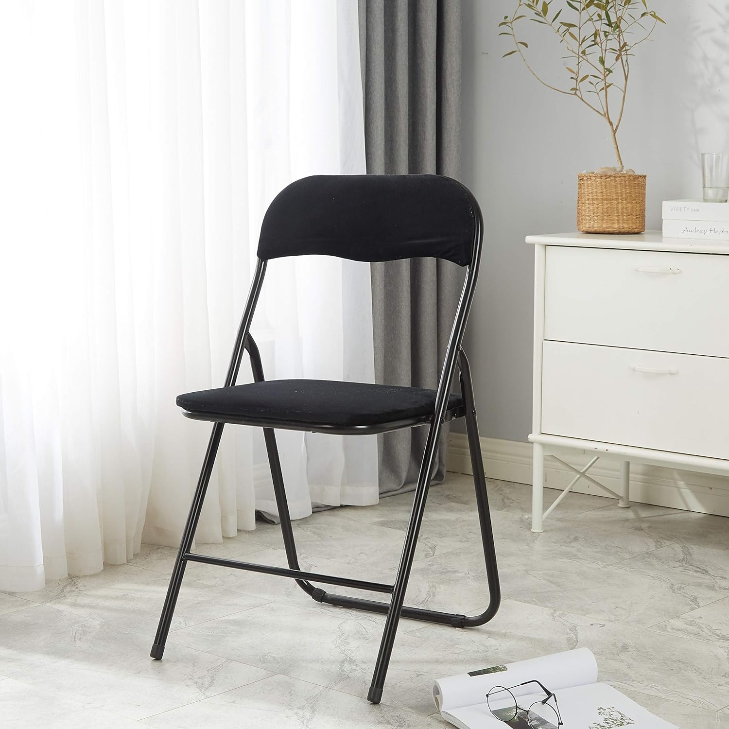 Urban Shop Velvet Folding Chair, Black: Furniture & Decor