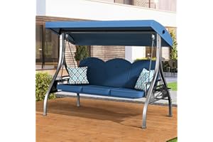 ZZW 3 Seat Outdoor Porch Patio Swing with Stand 800lbs 2-in-1 Convertible Swing Bed with Adjustable Canopy & Removable Cushion for Yard Garden Deck (Blue, Square Tube)