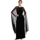 R&M Richards Women's Long Velvet Dress W/Rhinestone Neck & Chiffon Cape Black