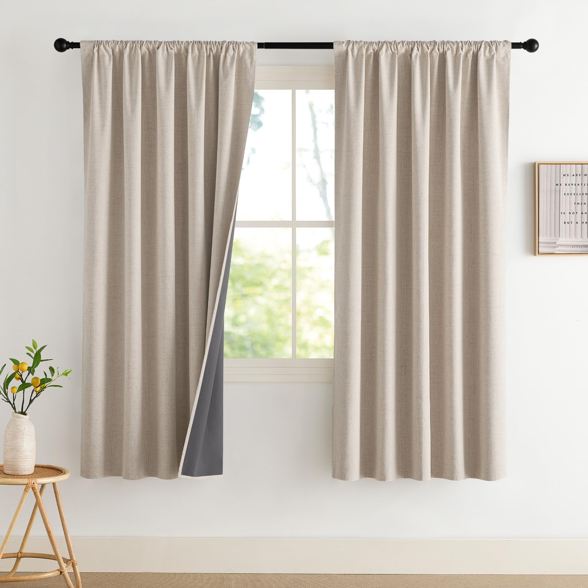 Photo 1 of NICETOWN Natural Faux Linen 100% Blackout Curtains, 2 Panels Set, 42 x 72 Inch, Rod Pocket Thermal Insulated Room Darkening Drapes for Bedroom, Living Room, Nursery, Farmhouse Decor, Noise Reducing