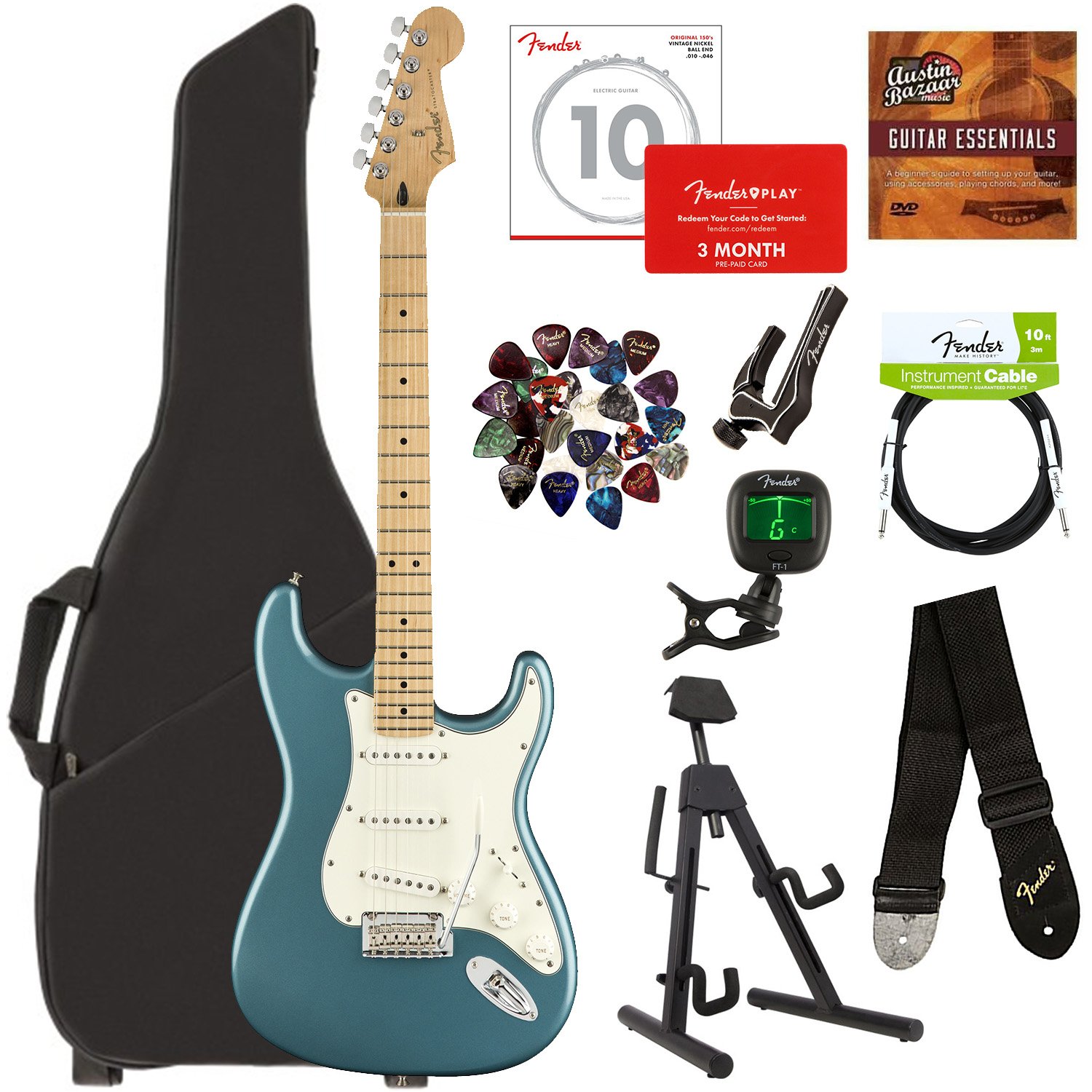 Fender Player Stratocaster Bundle with Gig Bag, Stand, Tuner, Strap, Instrument Cable, Strings, Picks, Capo, Fender Play Trial, and Austin Bazaar Guitar Essentials DVD - Tidepool