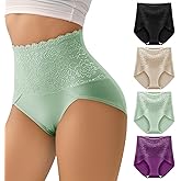 BOKIOW Women Tummy Control Underwear,High Waisted Lace Panties, High Cut Silky Soft Ladies Postpartum Brief Multipack
