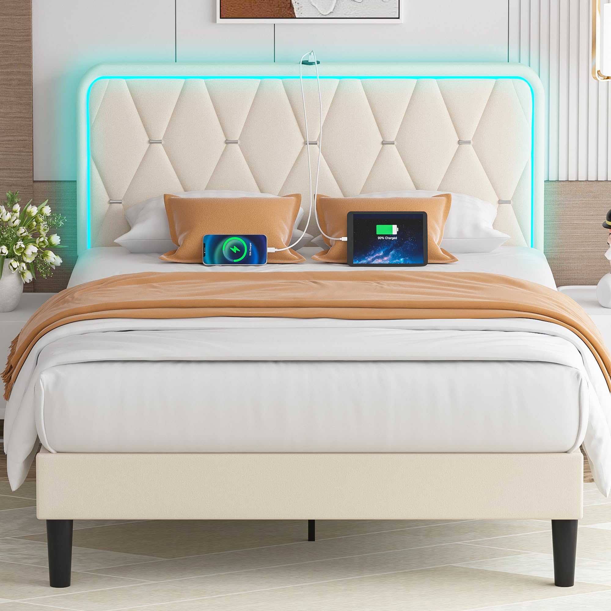 Photo 1 of ***BRAND NEW ITEM / HARDWARE INCLUDED** VECELO Upholstered Queen Bed Frame with Headboard Adjustable, Velvet Platform Bed with LED Lights, Charging Station, Mattress Foundation with Wooden Slats, Noise Free, No Box Spring Needed, Beige