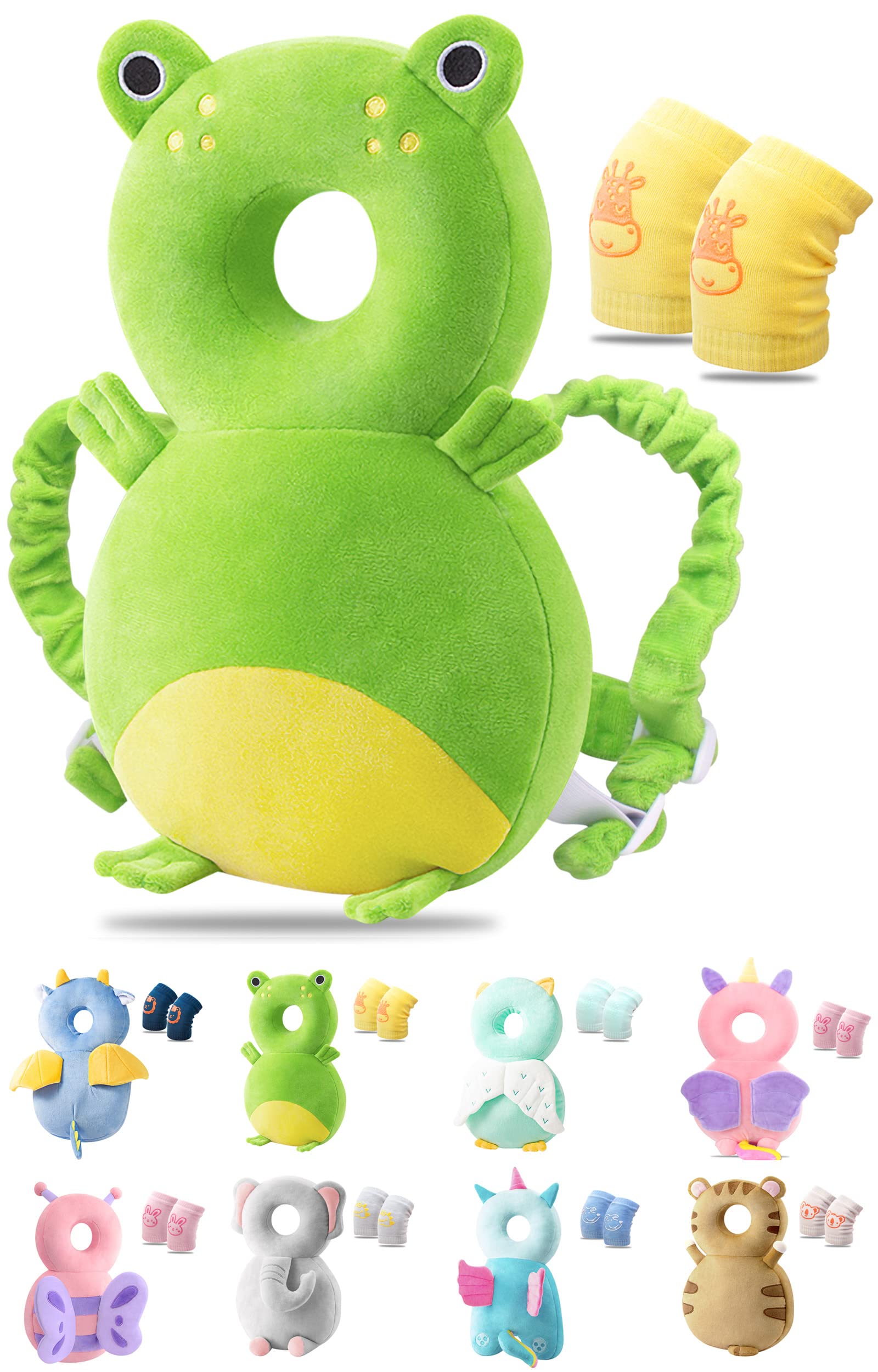 JEJA Baby Head Protector Backpack and Baby Knee Pads for Crawling, Adjustable Head Back Protection Safety Pads Toddler Walking, Frog