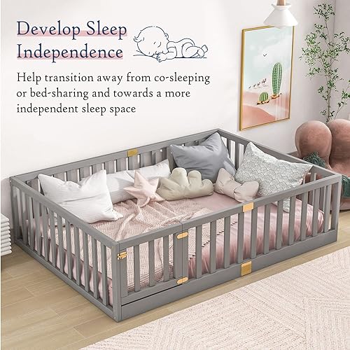 Tatub Full Montessori Floor Bed with High Rails, Solid Wood