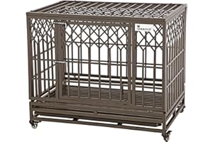 SMONTER Heavy Duty Dog Crate Strong Metal Pet Kennel Playpen with Two Prevent Escape Lock, Large Dogs Cage with Wheels, Y Shape, Brown (Strengthen-38INCH, Brown)