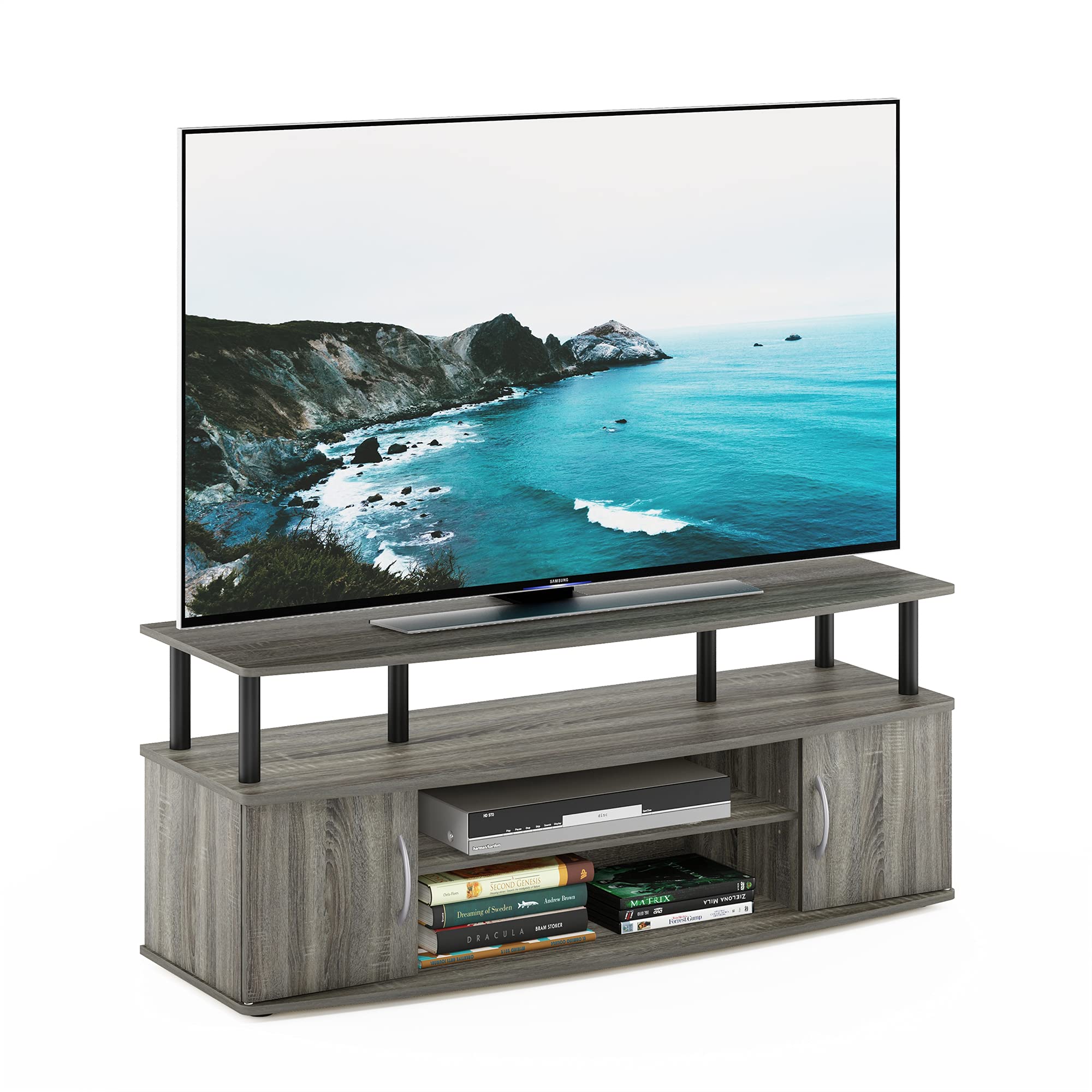 Photo 1 of **MINOR DAMAGE TO CORNERS **Furinno JAYA Large Entertainment Stand for TV Up to 55 Inch, French Oak Grey/Black