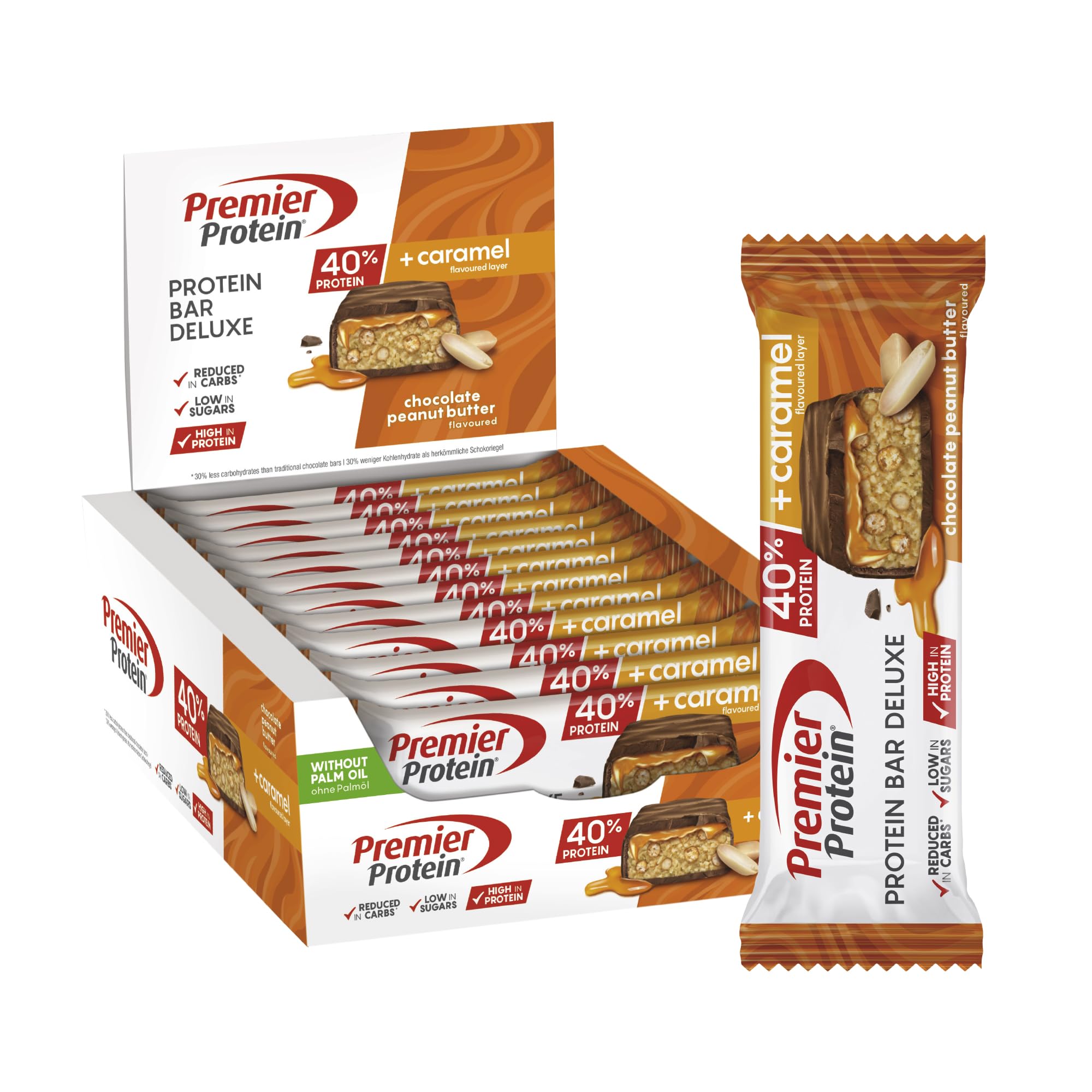Premier Protein - Protein Bar Deluxe 40 percent - Chocolate Peanut Butter - 12x50g - Low sugar - Low Carb - Palm Oil Free