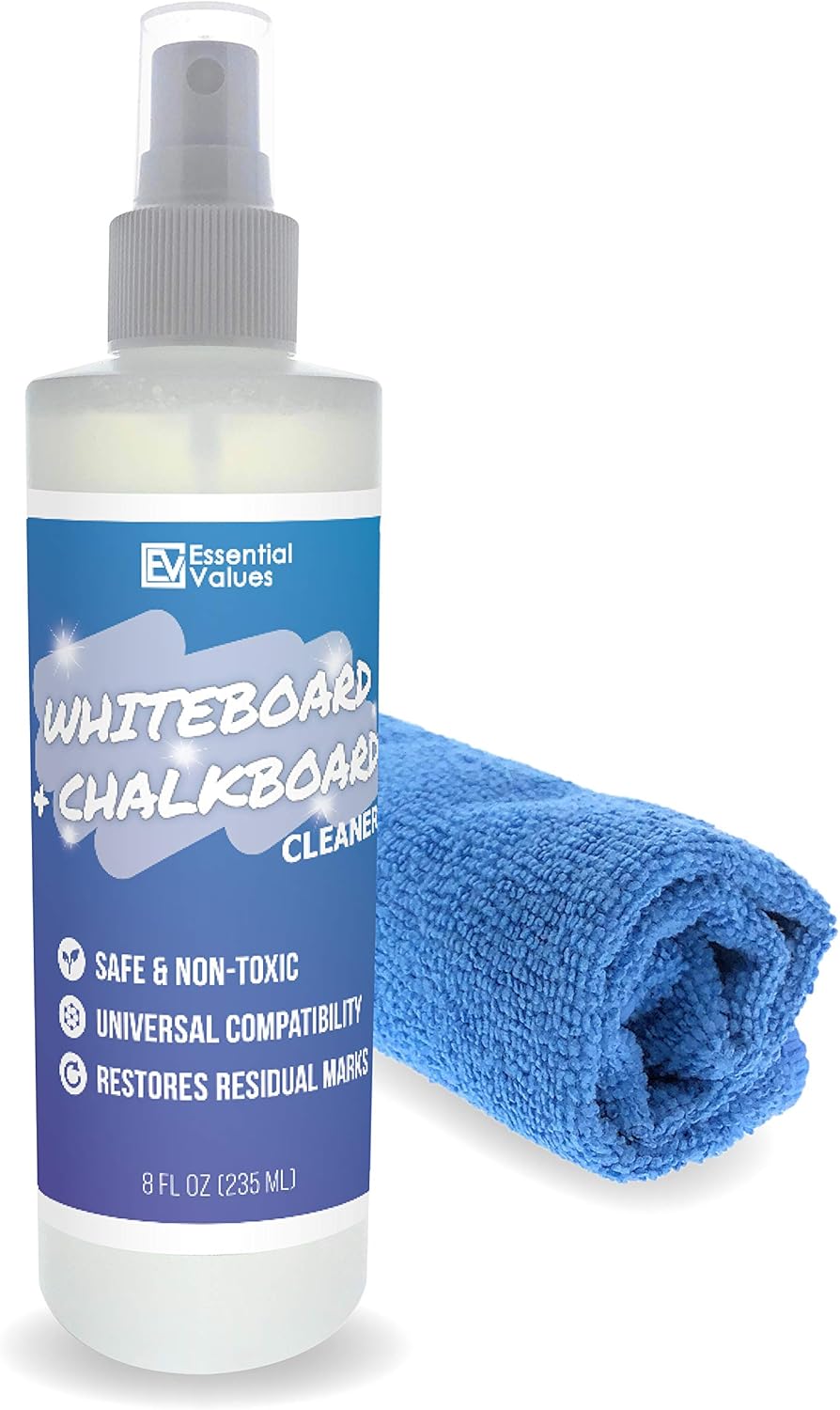Whiteboard Cleaner Spray (8 fl oz), The Best for Removing Shadowing from Dry Erase Boards, Chalkboards & Liquid Chalk Markers - Safe & Non-Toxic, Made in USA by Essential Values (8 oz + Fiber)