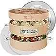 2 Tier Bamboo Steamer- 12" Baskets With Handle, Silicone Liner, Adapter, Molder Press For Cooking Vegetables Dumpling Press & Dough Cutter for Steaming Chinese Asian Food & Bao Bun, Dim Sum Potsticker
