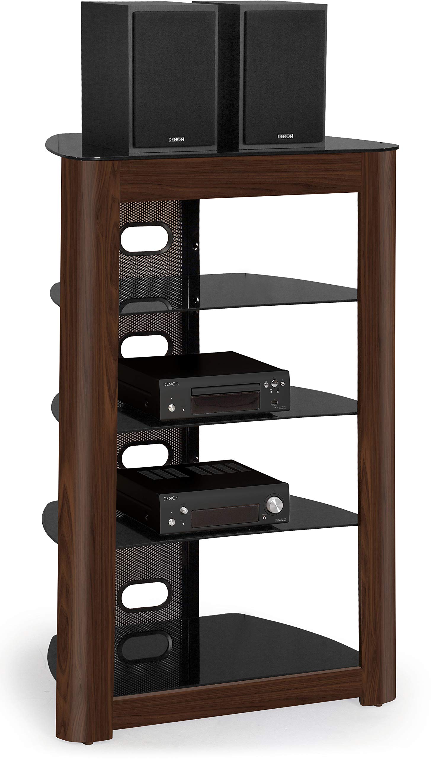Centurion Supports Zinnia 5-Tier AV Equipment Rack Black Glass TV Stand with Walnut Fascia Hi-Fi Home Entertainment Shelf Unit
