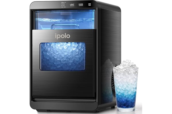ipolo Nugget Ice Maker Countertop: 44lb/Day, Self-Cleaning, Black Stainless Steel, Portable, Soft Chewable Pebble Ice Machine for Home Kitchen, RV & Office