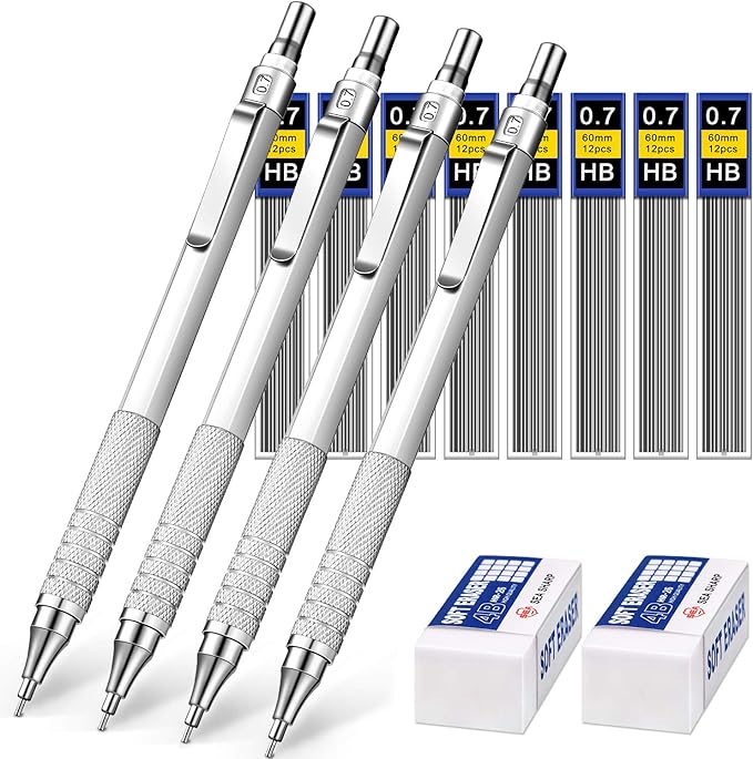 Mechanical Pencils Set, 4 Pieces Automatic Metal Mechanical Pencils, 8
