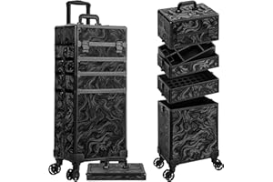 JINGUAN Profesional Rolling Makeup Train Case with Lid, 5 in 1 Cosmetology Case on Wheels, Large Cosmetic Trolley Organizer Travel for Hairstylist Artist Nail Beauty Salon Barber, Black Ink