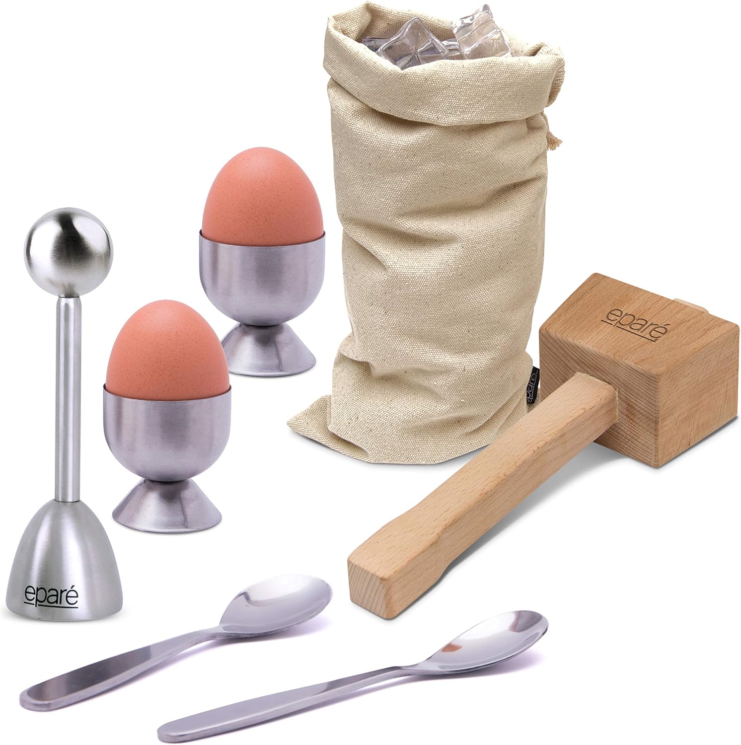 Eparé Bundle: Steel Egg Cracker Topper Set & Lewis Bag & Ice Mallet - Complete Soft Boiled Egg Tool Set & Manual Ice Crusher Wooden Hammer
