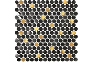 Blujellyfish Black Backsplash Tiles for Kitchen Bathroom Walls Black and Gold Penny Round Mosaic Tiles (Box of 5 Sheets)