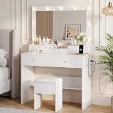 White Makeup Vanity Desk Set with LED Light Mirror and Chair for Bedroom | 3 Lighting Modes, Charging Station, 4 Drawers for Bedroom