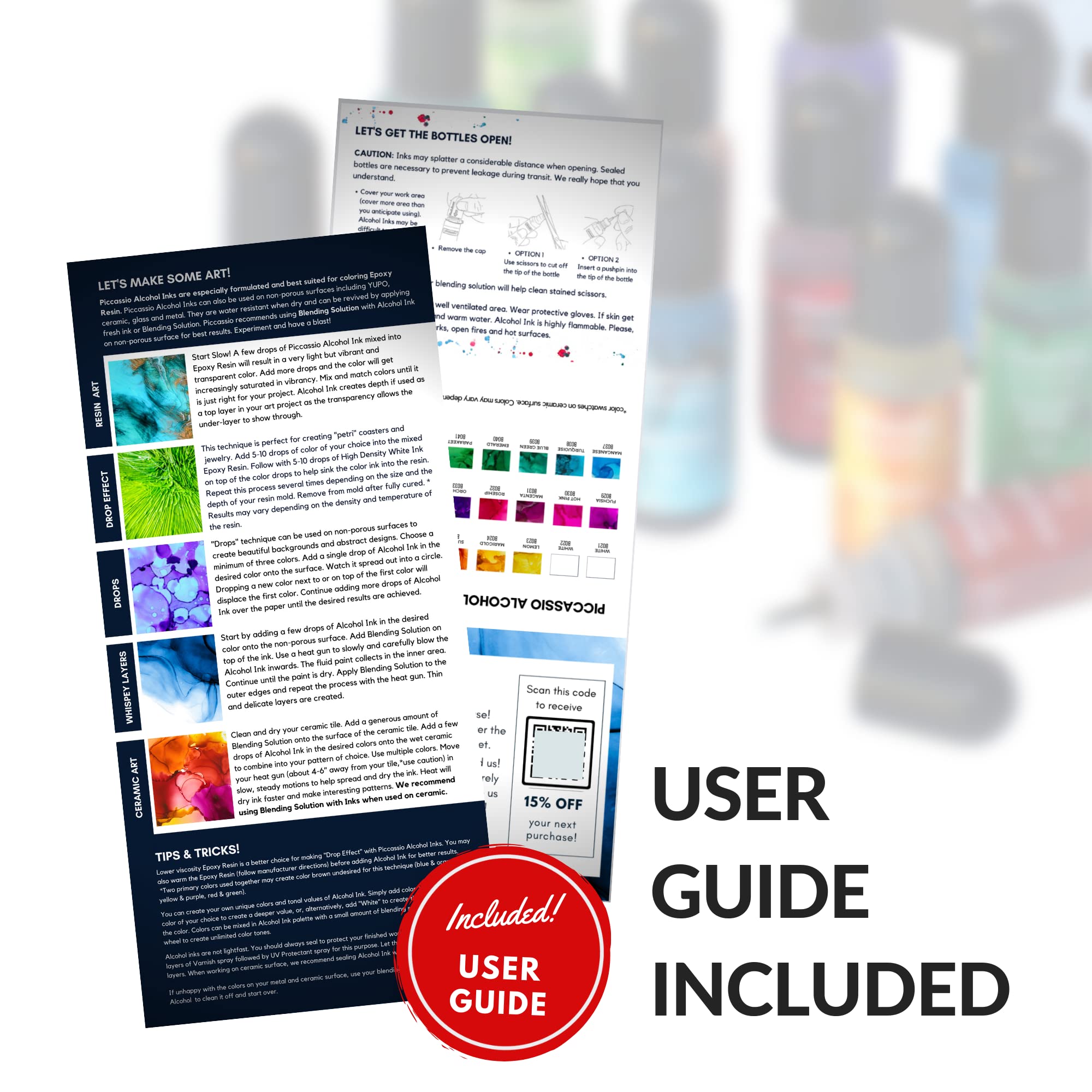 Alcohol Ink Set - New Improved Formula - 24 Highly Saturated, Fast-Drying, Permanent Inks for Epoxy Resin, Tumblers, Fluid Art Painting, Glass, Metal, and More
