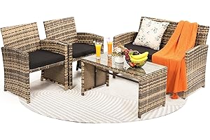 KROFEM 4 Piece Rattan Patio Furniture Set, Outside Sectional with 2 Chairs, Sofa, and Coffee Table, UV Resistant Wicker Natural Frame with Black Washable Overstuffed Cushions