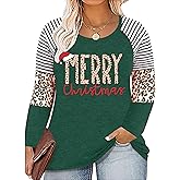 QAUN Plus Size Christmas Shirts Women Merry Christmas Shirts Christmas Lights Shirt Xmas Long Sleeve Tops