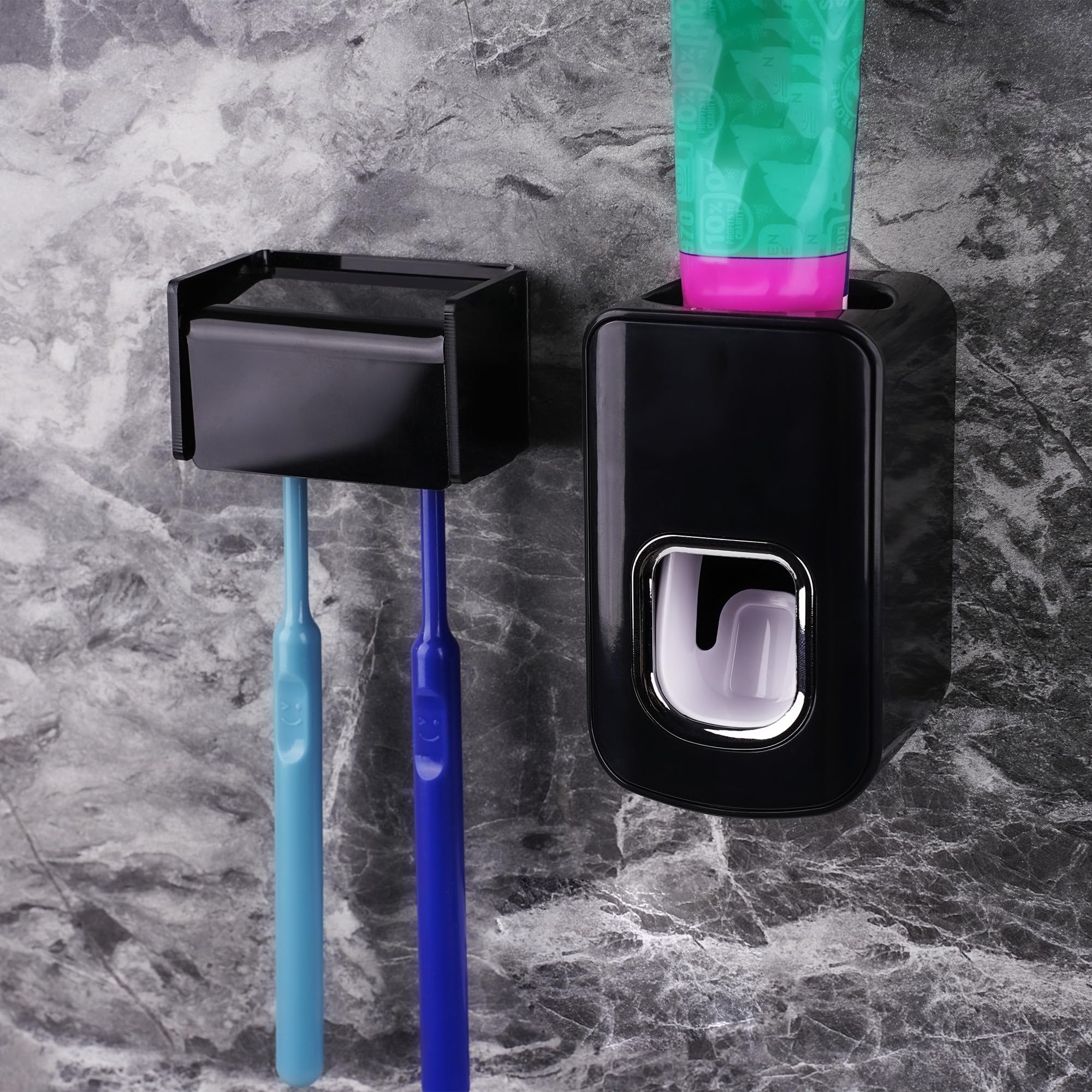 Photo 1 of 2 Slots Wall Mount Toothbrush Holder with Cover, Self Adhesive Toothbrush Storage Organizer for Shower, Toothbrush Hanger with Automatic Toothpaste Squeezer Dispenser(Black)