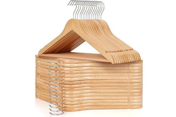 TOPIA HANGER Wooden Hangers (30 Pack), Natural Wooden Coat Hangers with Non Slip Pants Bar, 360°Swivel Hook and Shoulder Notc