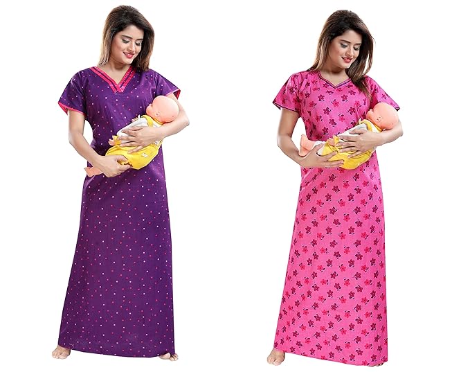 Women's Cotton Flower Print Feeding/Nursing/Maternity Nighty (Pack of 2) (Free Size; Length:55