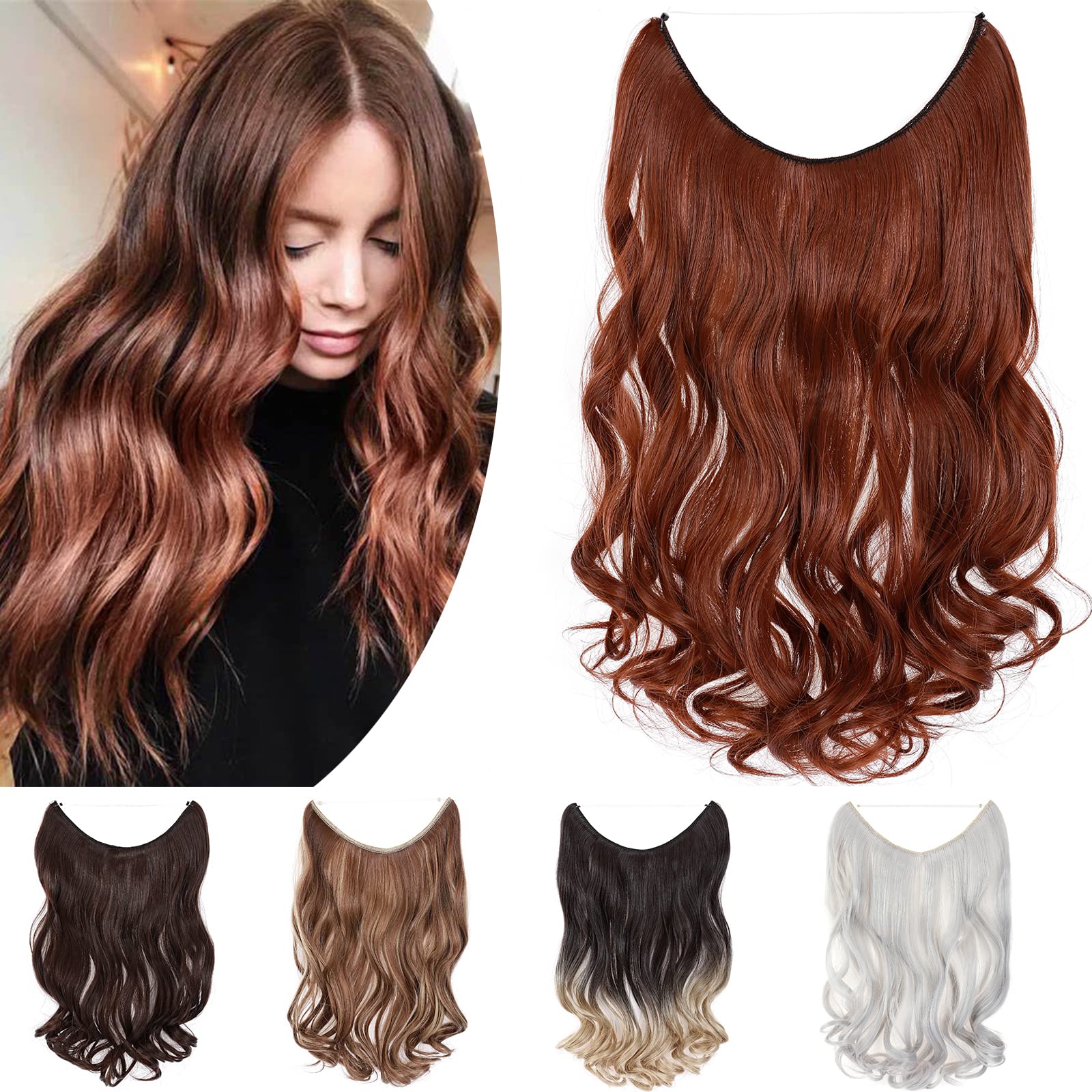 One Piece Wire In Hairpieces Matte Material Invisible Hair Extension Synthetic Wavy For Women Beauty, 20 Inch, Red Brown & Orange