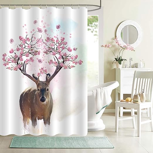Waterproof Fabric Creative Tree Branches Deer Elk Bathroom Shower Curtain Set