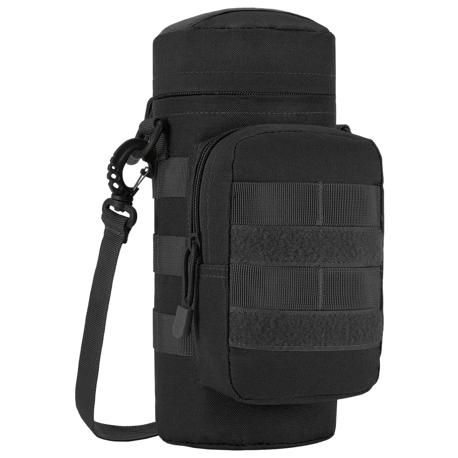 TsunNee Tactical Molle Water Bottle Pouch, Hydration Carrier Holder with Extra Accessory Pouch and Detachable Shoulder Strap for Military Sport Bike, Black