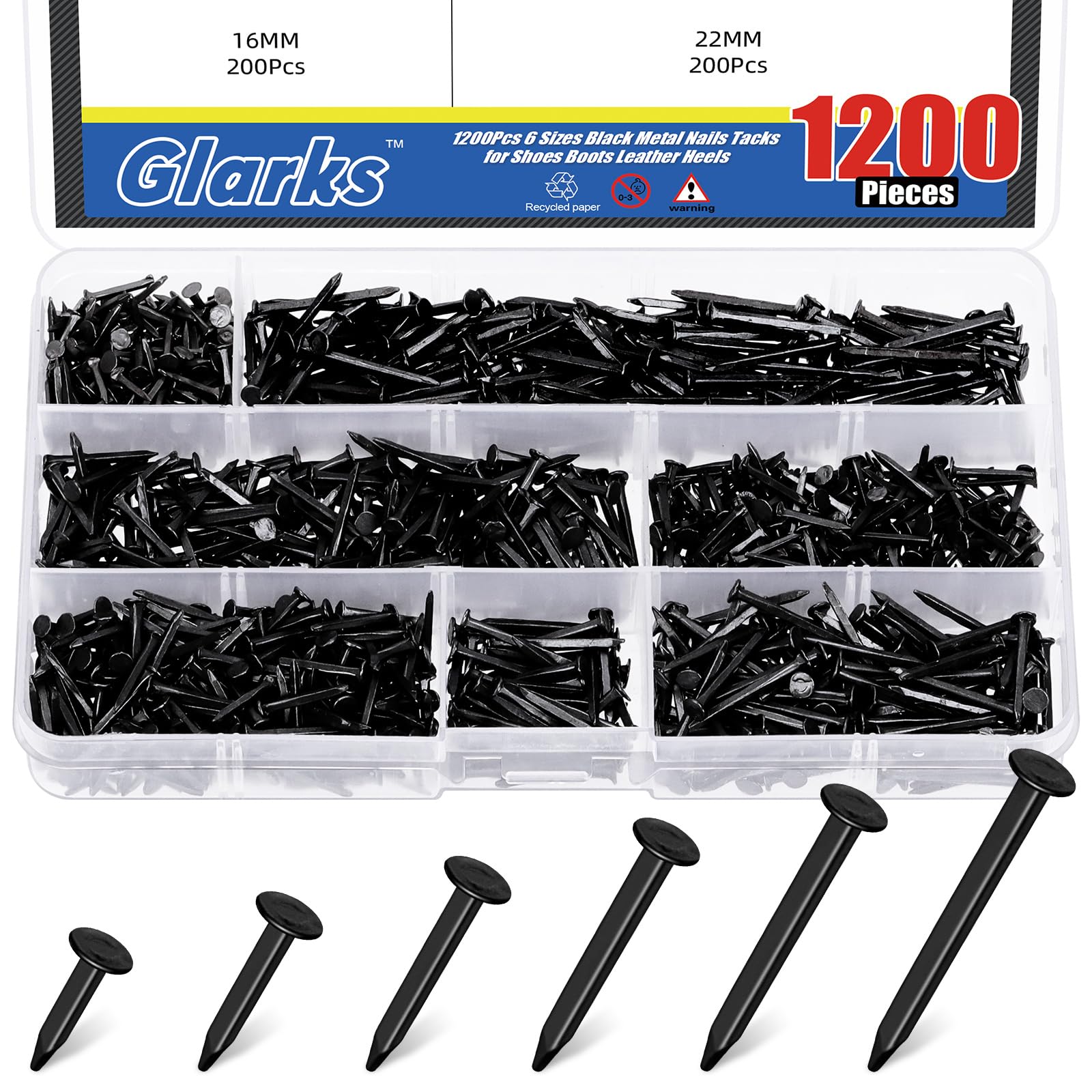 Glarks 1200pcs Shoe Repair Nails Tacks 3/8’’(10MM) 1/2’’(13MM) 5/8’’(16MM) 3/4’’(19MM) 7/8’’(22MM) 1’’(25MM) Replacement Heels Nails Tacks for Boots Furniture Nails Tacks Shoe Repair Tools