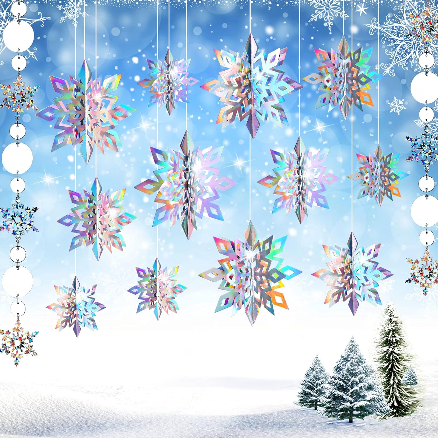 Wreaths, Garlands & Swags - JULMELON 15Pcs Frozen 3D Hanging Snowflakes Decorations, Holographic Snowflakes Garland Silver Snowflakes for Winter Wonderland Decorations Frozen Birthday Party Supplies