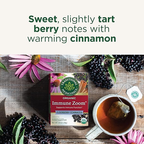 TRADITIONAL MEDICINALS TEA, ORGANIC IMMUNE ZOOM ELDERBERRY ECHINACEA, SUPPORTS IMMUNE FUNCTION, 16 TEA BAGS