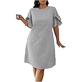 winkbay Women's Plus Size Plaid Ruffle Sleeve Dress Summer Cute Bow Crew Neck Casual Dresses