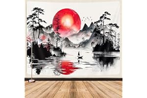 GOAOK Japanese Red and Black Forest Tapestry, Anime Mountain Tree Sun Aesthetic Tapestry Wall Hanging for Men, Cool Asian Dark Nature Landscape Tapestries Ink Art Decor for Living Room College Dorm, 80X60IN