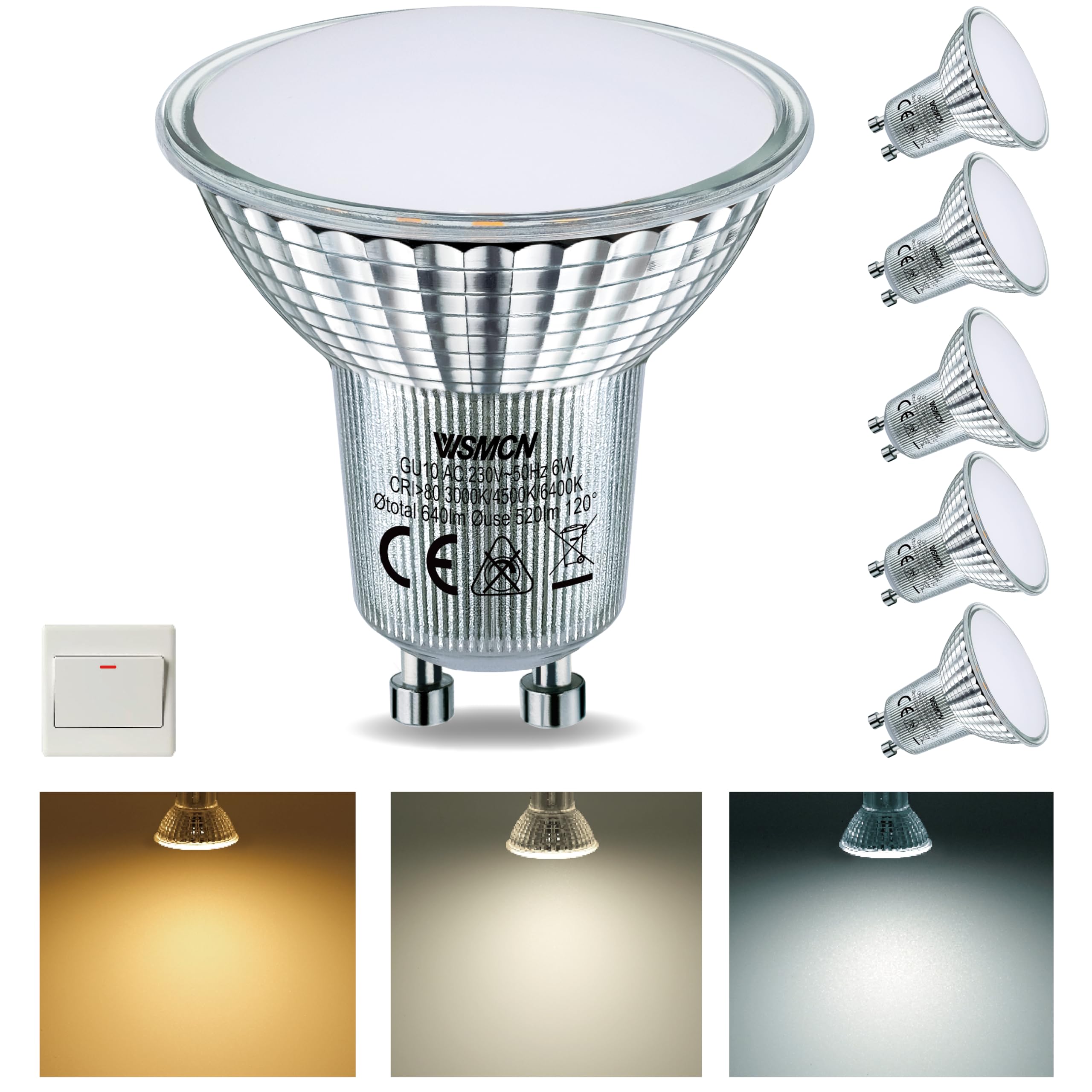 WSMCN GU10 LED Bulbs 6W, 3-Way Colour Switch Warm White Neutral White Cool White, 3000K/4500K/6400K Adjustable Color Changing LED Accent Bulb, 70W Halogen Equivalent, 640LM, Non Dimmable, 6 Pack — image 1