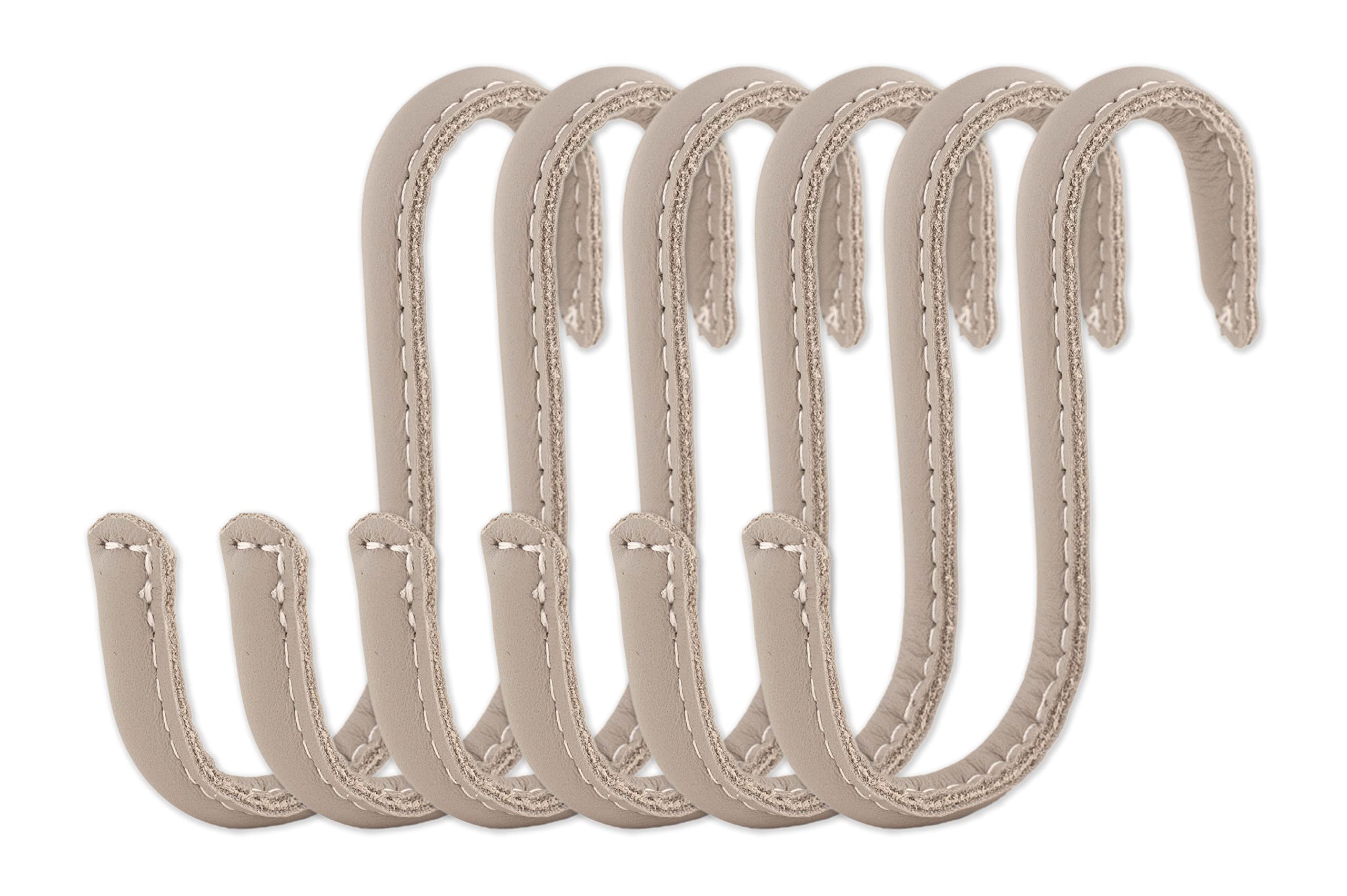 Brute Strength - S Shaped Hooks Wrapped in Full Grain Leather - 6 pcs - Light Grey - 10 cm Stainless Steel Metal Hangers Hanging Hooks for Kitchen, Work Shop, Bathroom