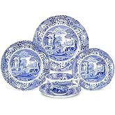 Spode Blue Italian 5 Piece Dinnerware Set - Earthenware Dinner Plate, Salad Plate, Bread Plate, Saucer, Teacup - Microwave Safe Ceramic with Countryside Inspired Detailing - Oriental Style Accents