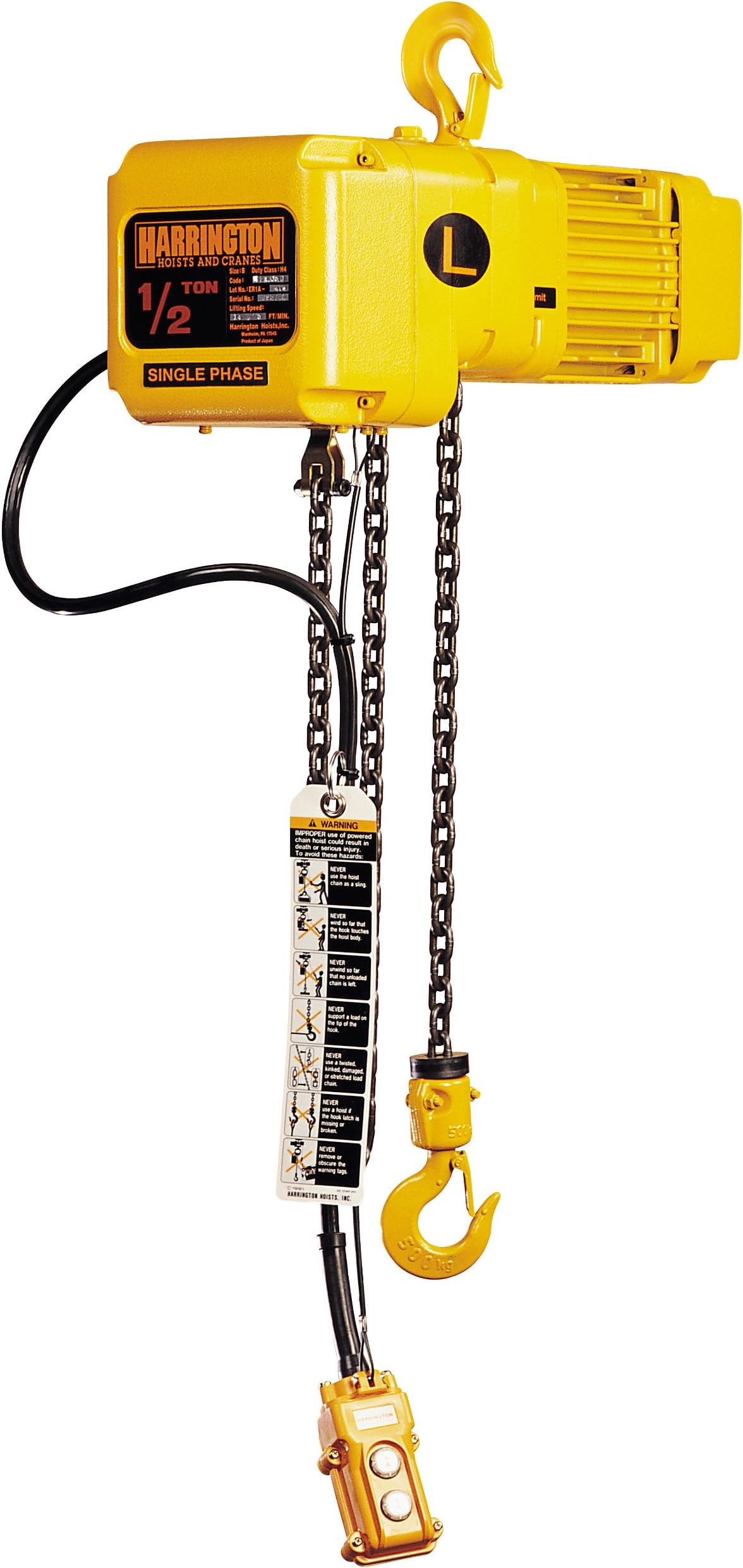 Harrington SNER Single Speed Electric Chain Hoist, Single Phase, Hook Mount, 1 Ton Capacity, 20' Lift, 7 fpm Max Lift Speed, 0.6 HP, 16.1" Headroom, 0.9" Hook Opening, 115/230V