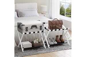 Semiocthome 2 Packs White Bamboo Luggage Racks, Portable Suitcase Stand with Bottom Shelf, Easy Assembly Folding Luggage Stand for Guest Room Must Haves, Bedroom, Hotel