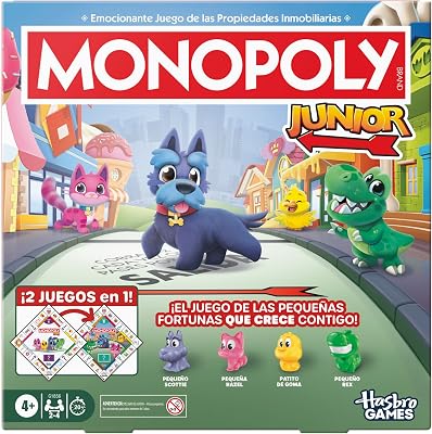 Jogo de Tabuleiro Junior Monopoly (Edição 2026) | 2 Jogos em 1 para Crianças Pequenas, Tabuleiro de 2 Lados | Desde os 4 anos | 2-4 Jogadores | 20 min. | Presentes para Pré-Escolares - Versão Espanhola