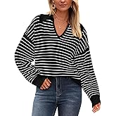 BTFBM Women's Striped Long Sleeve Sweater V Neck Lapel Collar 2024 Fall Winter Fashion Ribbed Knit Loose Pullover Tops
