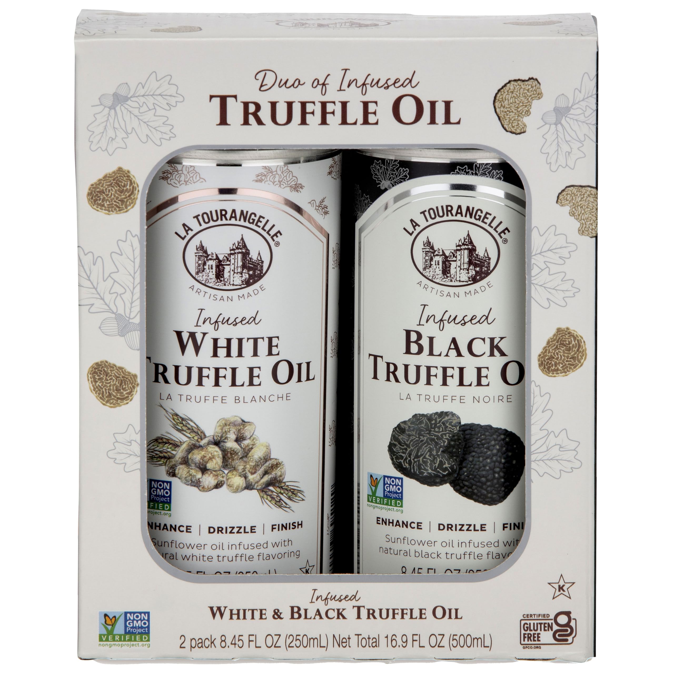 La Tourangelle, White Truffle Oil & Black Truffle Oil Set, Complex Gourmet Earthy Flavor for Drizzling over Pasta, Popcorn, Vegetables, Potatoes, Soup and More, Gift Box, 8.45 Fl Oz Each (Set of 2) Image