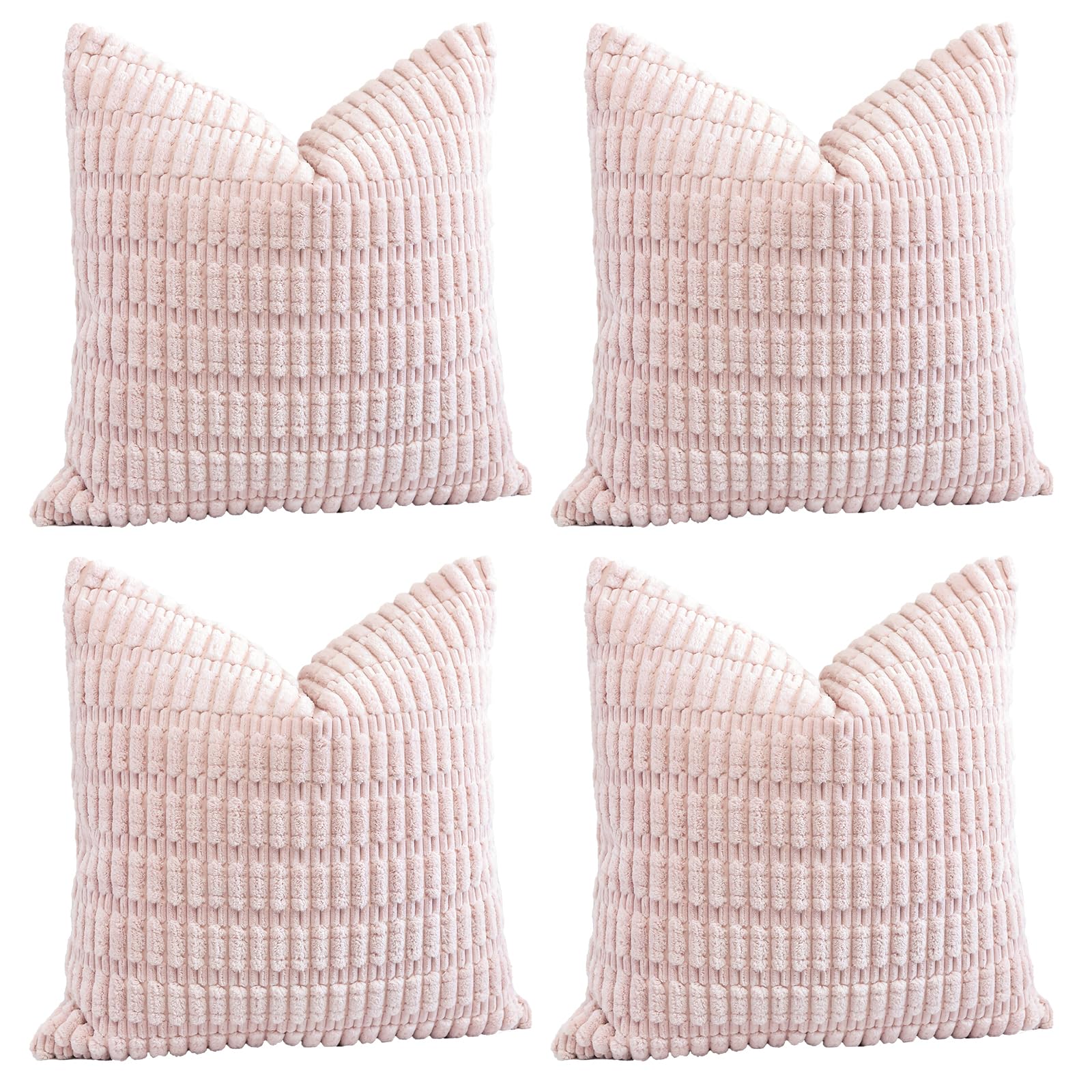 Sungeek Set of 4 Soft Corduroy Decorative Cushion Covers 45x45cm Square Striped Throw Pillow Covers 18x18 Inch for Sofa Couch Living Room Patio Farmhouse Boho Home Decor Pillowcases (Pink)