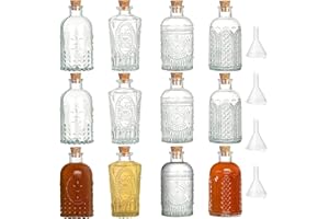 TBWIND 12 Pack 6oz Glass Bottles with Cork Stoppers, 200ml Clear Glass Liquor Bottles with 4 Vintage Patterns, Refillable Whi
